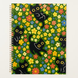 Cute Black Cats Floral Meadow Pattern Planer