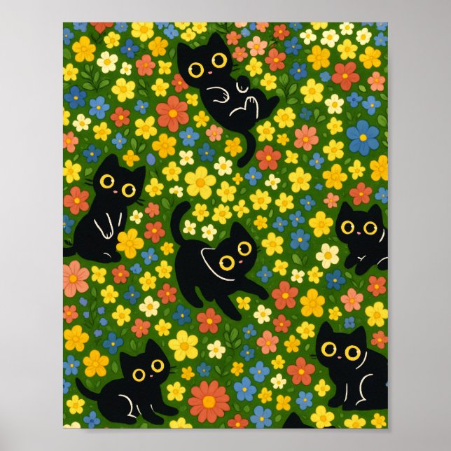 Cute Black Cats Floral Meadow Pattern Poster (Vorne)