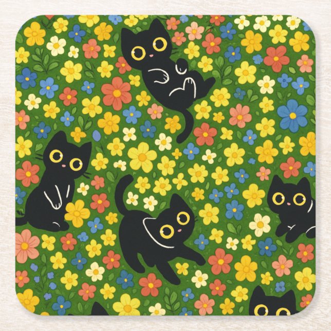 Cute Black Cats Floral Meadow Pattern Rechteckiger Pappuntersetzer (Vorderseite)