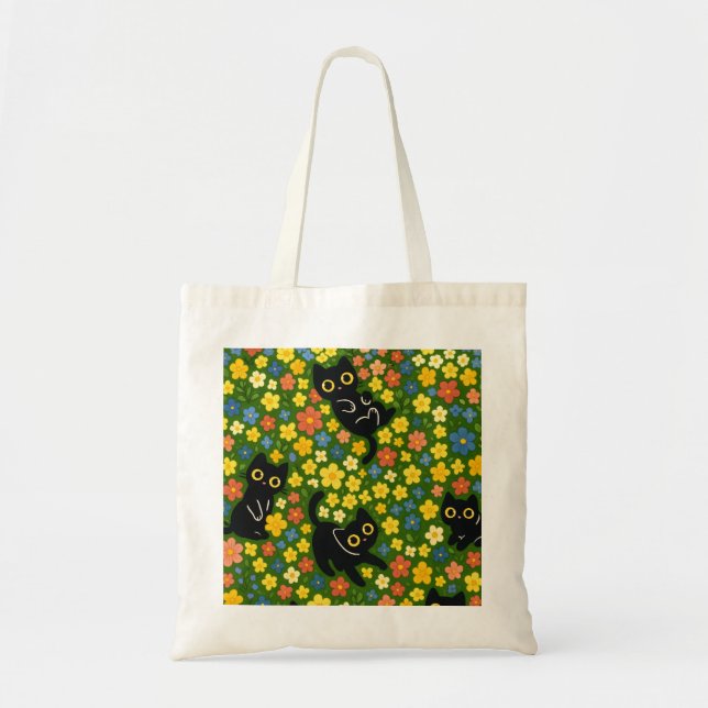 Cute Black Cats Floral Meadow Pattern Tragetasche (Vorne)