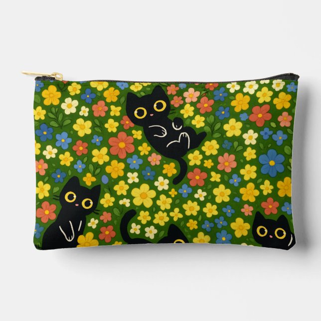 Cute Black Cats Floral Meadow Pattern Zubehörtasche (Vorderseite)
