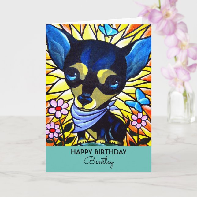 Cute Black Chihuahua Birthday Dog Teal Artwork Karte (Orchidee)