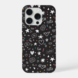 Cute Black Doodle Pattern Phone Case with Hearts iPhone 15 Pro Hülle