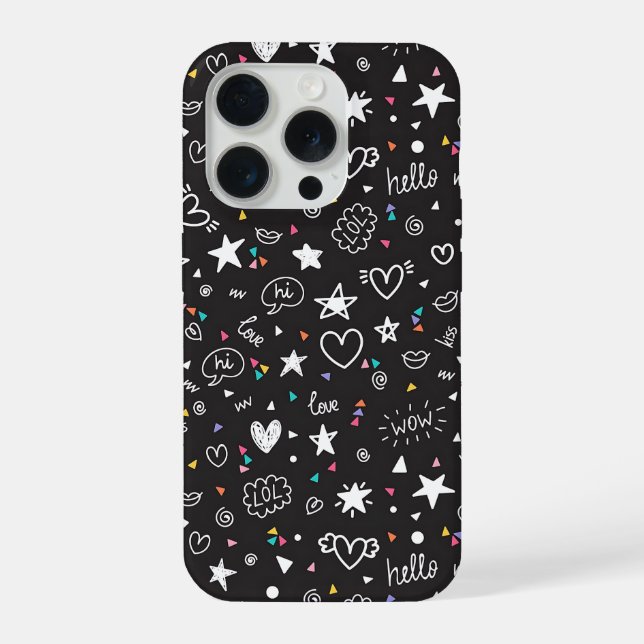 Cute Black Doodle Pattern Phone Case with Hearts  iPhone Hülle (Rückseite)