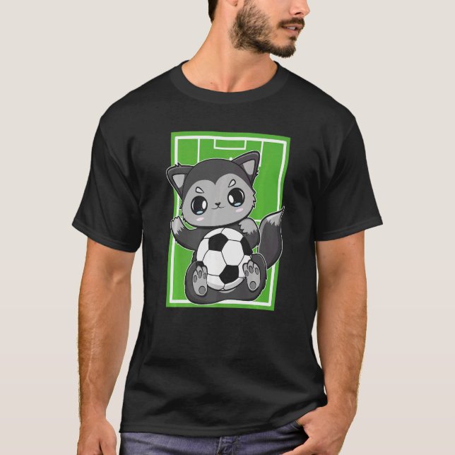 Cute Black Fox With Soccer Plays Football Team Spo T-Shirt (Vorderseite)