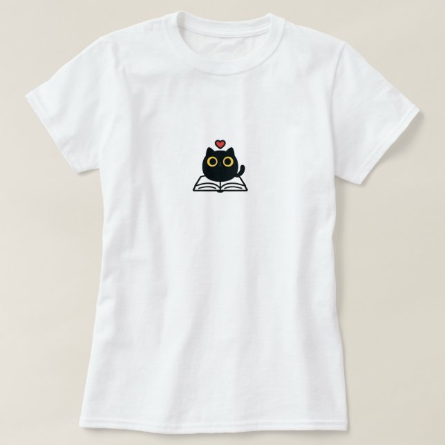 Cute Black Kawaii Cat Reading Book Cartoon T-Shirt (Design vorne)