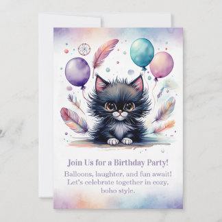 Cute Black Kitten Birthday Invitation Boho Einladung
