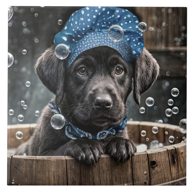Cute Black Lab Puppy Dog Spa Bubble Bath Fliese (Vorderseite)