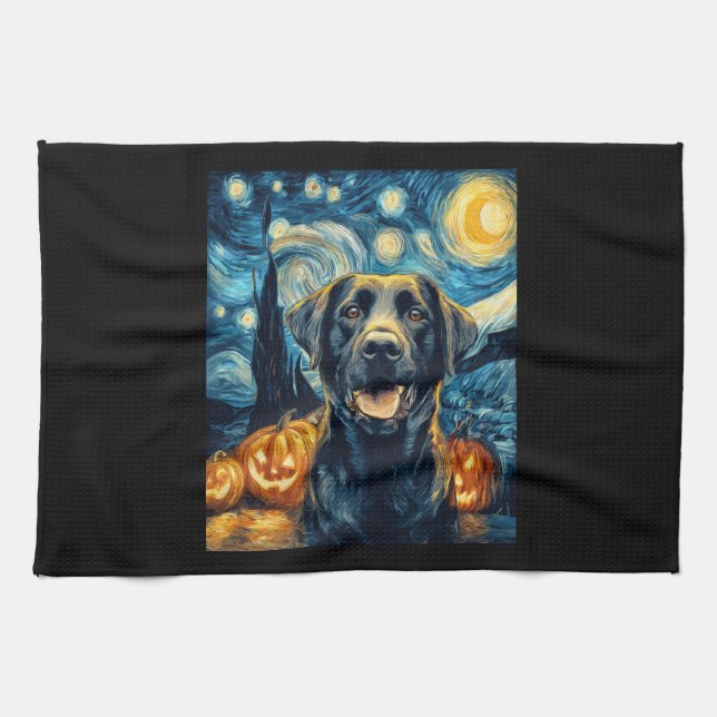 Cute Black Labrador Dog Halloween Jack O Lantern P Geschirrtuch (Horizontal)