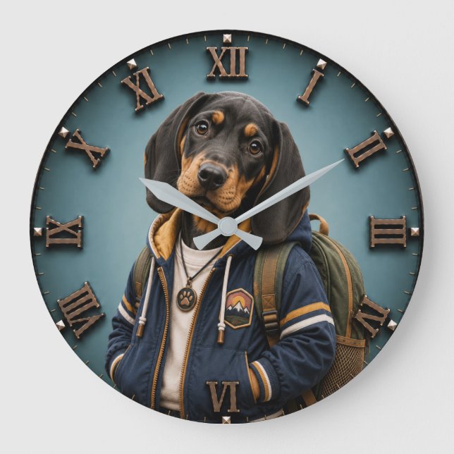 Cute Black & Tan Coonhound Puppy Große Wanduhr (Vorderseite)