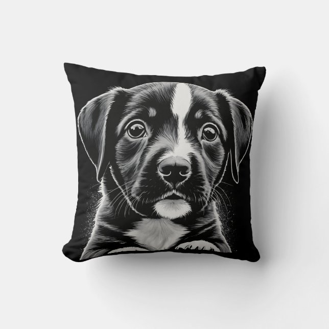 Cute Black & White Puppy – Cozy Dog Lover Pillow Kissen (Vorderseite)