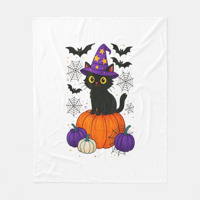 Cute Black Witch Cat Pumpkin Halloween Costume Fal Fleecedecke (Vorderseite)
