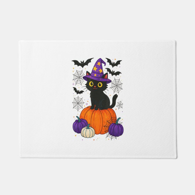 Cute Black Witch Cat Pumpkin Halloween Costume Fal Fußmatte (Vorderseite)