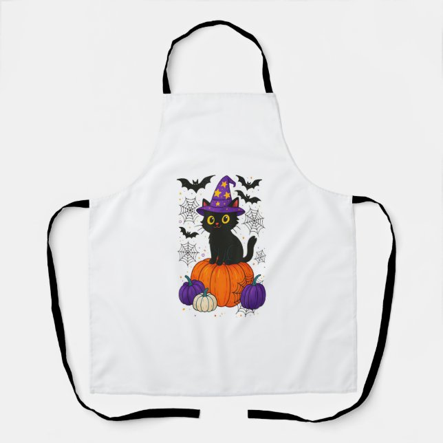 Cute Black Witch Cat Pumpkin Halloween Costume Fal Schürze (Vorderseite)