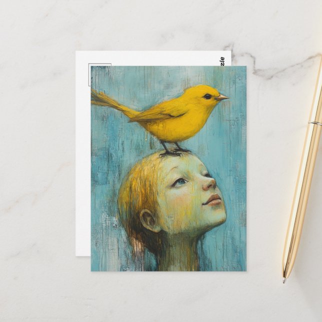 Cute Blond Girl with large yellow bird on her head Postkarte (Vorderseite/Rückseite Beispiel)