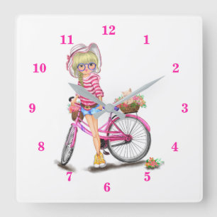 Cute Blonde Girl and Pink Bike with Cat in Flowers Quadratische Wanduhr