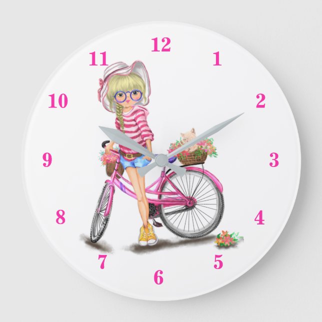 Cute Blonde Girl with Pink Bike and Cat in Flowers Große Wanduhr (Vorderseite)