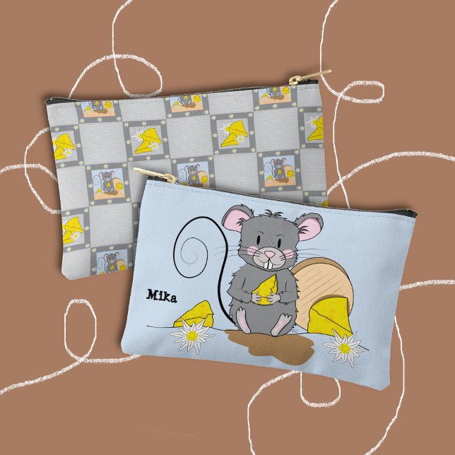 Cute Blue and Gray Zipper Pouch with Cartoon Mouse Zubehörtasche (Cute blue and gray zipper pouch featuring a cartoon mouse eating cheese . (Front and back views) . 
)