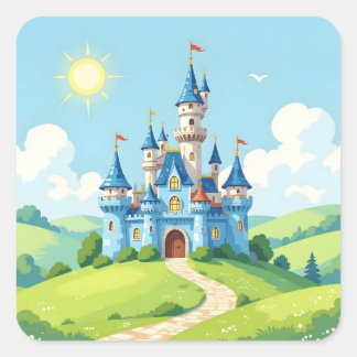 Cute blue and white castle quadratischer aufkleber