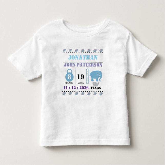 Cute Blue Baby Elephant Birth Announcement Kleinkind T-shirt (Vorderseite)