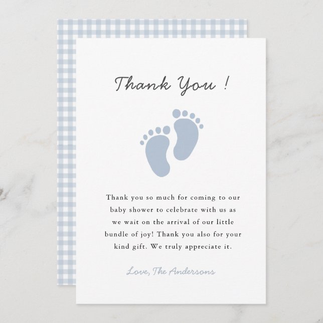 Cute Blue Baby footprint  Baby Boy shower Dankeskarte (Vorne/Hinten)