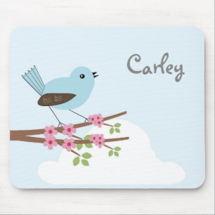 Cute Blue Bird in Blossom Tree Personalised Mousepad
