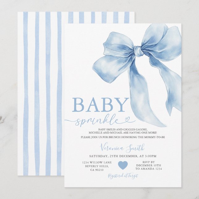 Cute Blue Bow Coquette Baby Sprinkle Baby Shower Einladung (Vorne/Hinten)