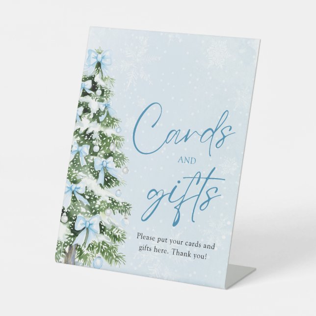 Cute Blue Bows Christmas Tree Cards and Gifts Sign Sockelschild (Vorderseite)