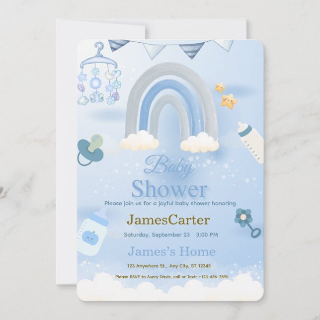 Cute Blue Boy Baby Shower Invitation Dankeskarte (Vorderseite)