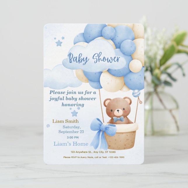 Cute Blue Boy Baby Shower Invitation Einladung (Stehend Vorderseite)