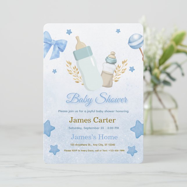 Cute Blue Boy Baby Shower Invitation Einladung (Stehend Vorderseite)