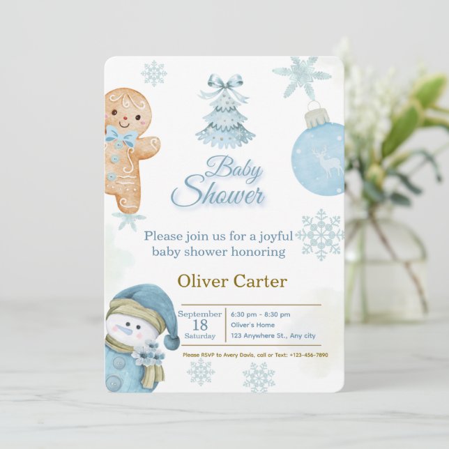 Cute Blue Boy Baby Shower Invitation Einladung (Stehend Vorderseite)