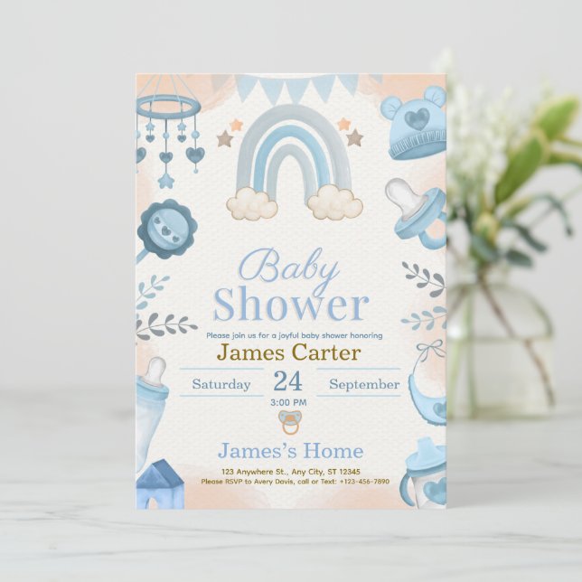 Cute Blue Boy Baby Shower Invitation Einladung (Stehend Vorderseite)
