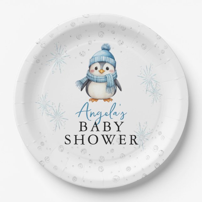 Cute Blue Boy Penguin Winter Baby Shower  Pappteller (Vorderseite)
