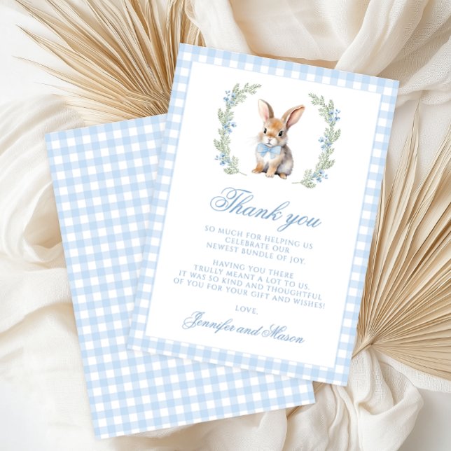 Cute Blue Bunny Easter Gingham Baby Boy Shower Dankeskarte (Von Creator hochgeladen)