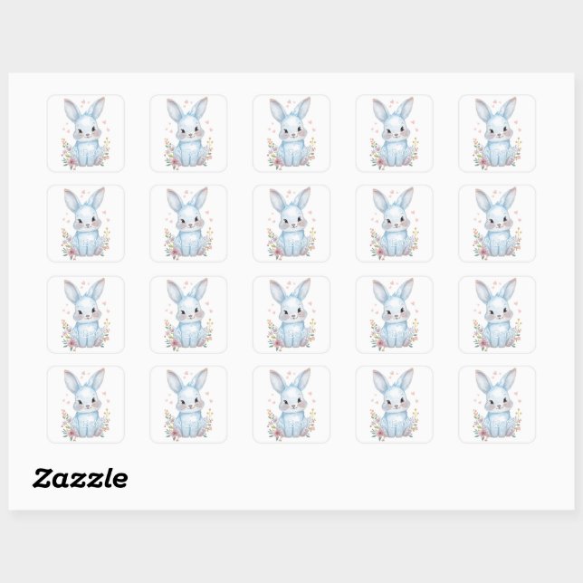 Cute Blue Bunny Party Theme Pastel Floral Quadratischer Aufkleber (Blatt)