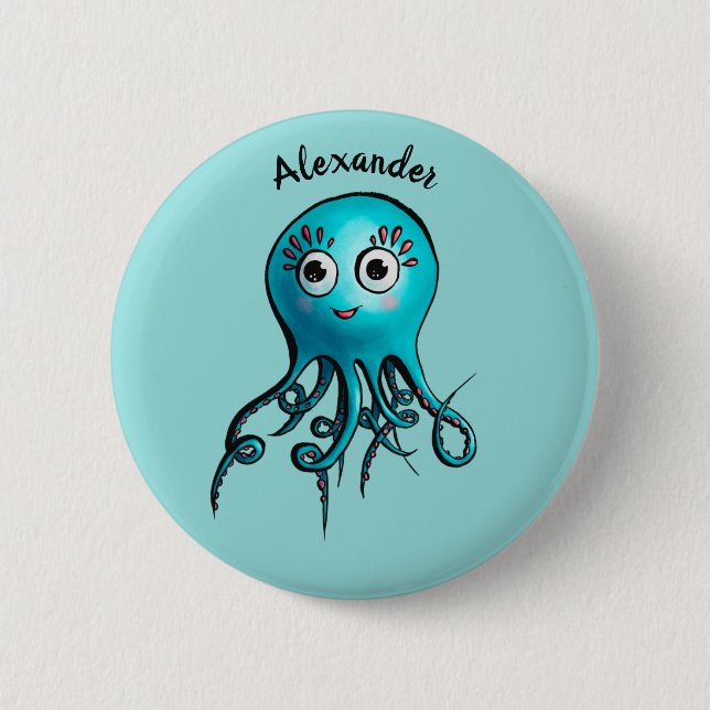 Cute Blue Cartoon Octopus - Smiling Sea Creature Button (Vorderseite)