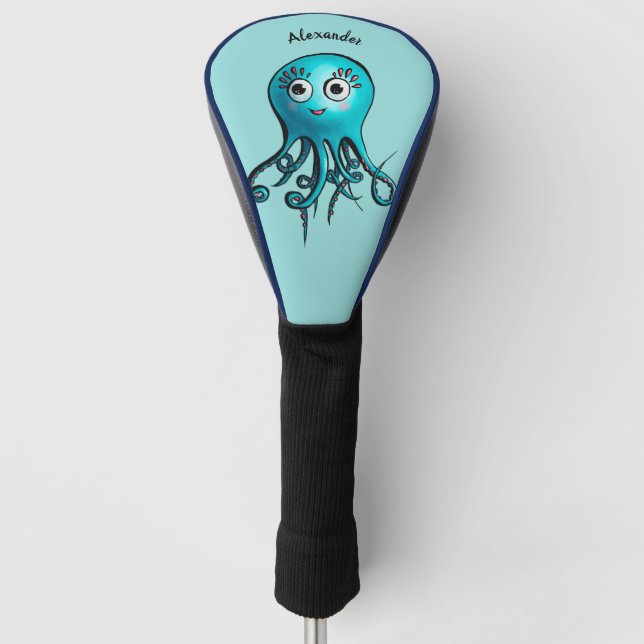 Cute Blue Cartoon Octopus - Smiling Sea Creature Golf Headcover (Vorderseite)
