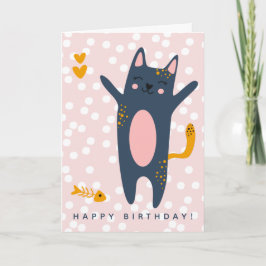 Cute Blue Cat Pink Kids Birthday  Karte