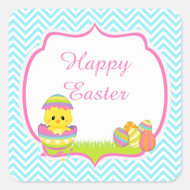 Cute Blue Chevrons Easter Chick Easter Egg Hunt Quadratischer Aufkleber (Vorderseite)
