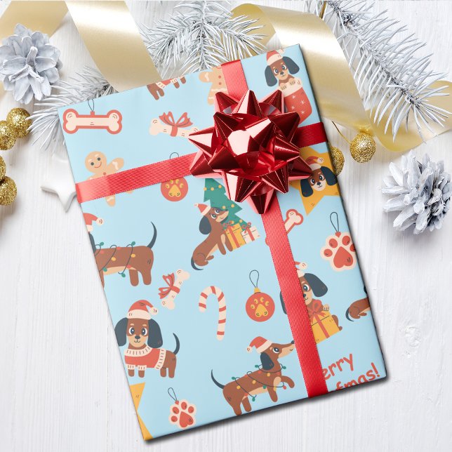 Cute Blue Christmas Dachshund Merry Woofmas Geschenkpapier (Cute festive Dachshund wrapping paper in blue, perfect for Dachshund dog lovers and the pups too!)