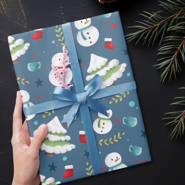Cute Blue Christmas Snowman Pattern  Geschenkpapier (Von Creator hochgeladen)