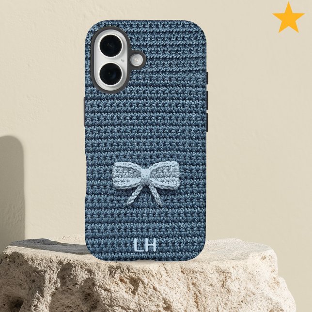 Cute Blue Crochet Bow Yarn Custom Name Case-Mate iPhone Hülle (Von Creator hochgeladen)