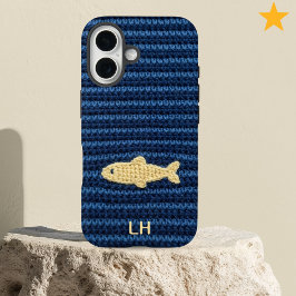Cute Blue Crochet Fish Yarn Custom Name iPhone 16 Hülle