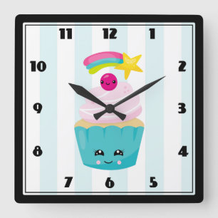 Cute Blue Cupcake with Kawaii Face Quadratische Wanduhr