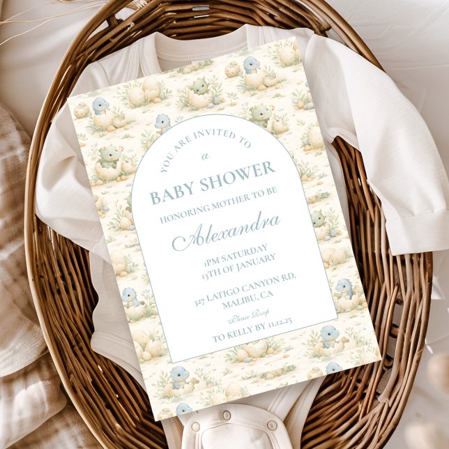 Cute Blue Dino Nursery Baby Shower Einladung (Von Creator hochgeladen)