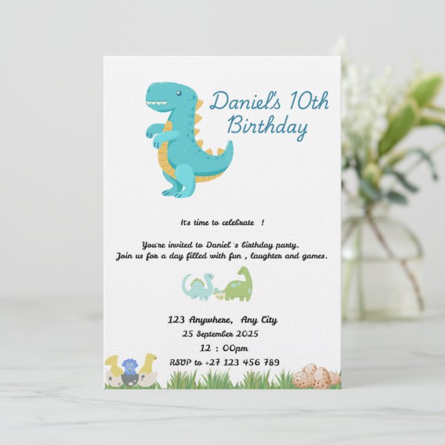 Cute Blue Dinosaur Theme Einladung (Stehend Vorderseite)
