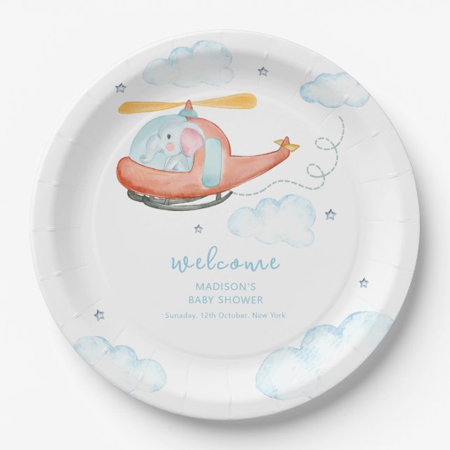 Cute Blue Elephant Helicopter Baby Shower Welcome  Pappteller (Vorderseite)