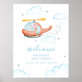 Cute Blue Elephant Helicopter Baby Shower Welcome Poster