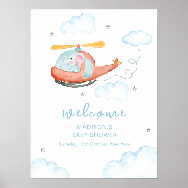 Cute Blue Elephant Helicopter Baby Shower Welcome  Poster (Vorne)
